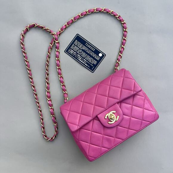 Chanel Small Square Classic Flap Pink Lambskin Leather 24k Gold Plates Hardware - Picture 16 of 16